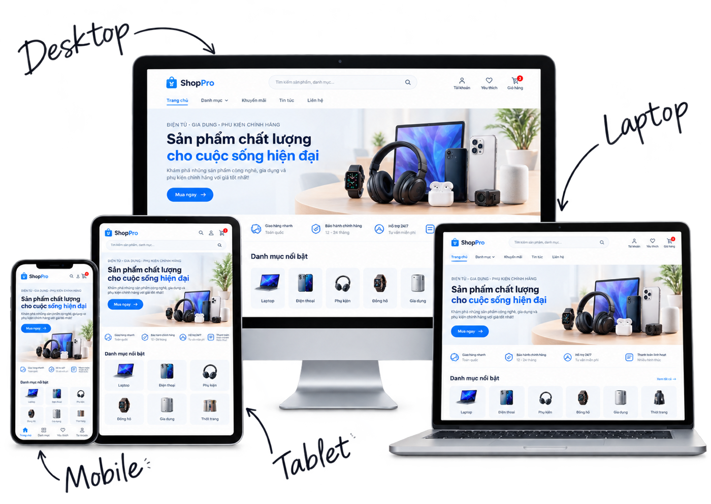 Giao diện website doanh nghiệp do CVM thiết kế trên máy tính, máy tính bảng và điện thoại