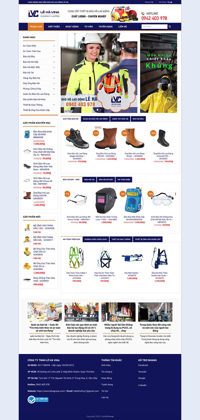 Ảnh chụp toàn trang giao diện website cung cấp bảo hộ lao động H142