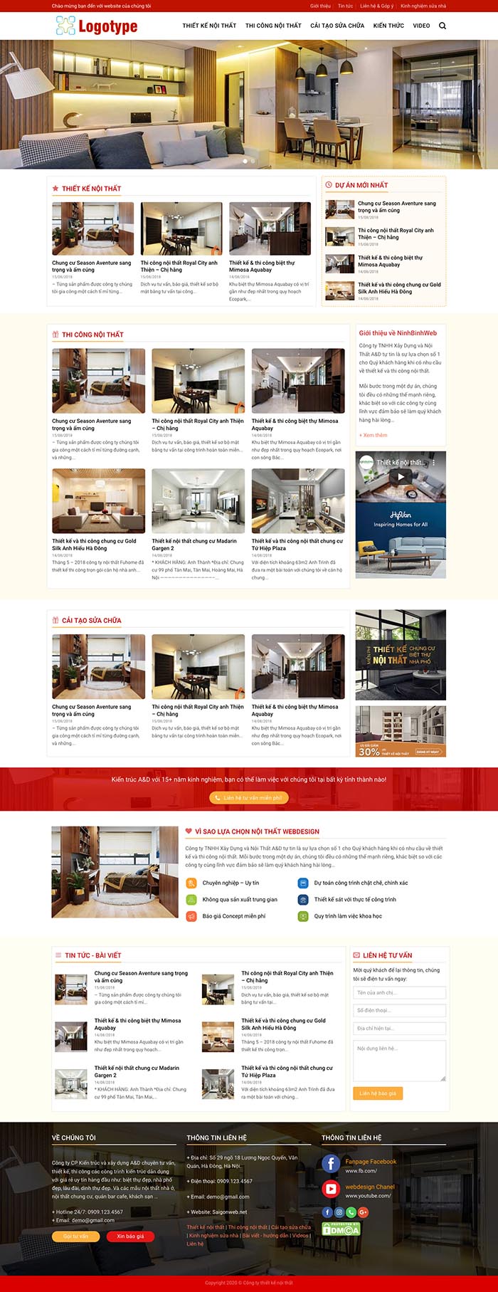 Ảnh chụp toàn trang giao diện website thiết kế nội thất D521