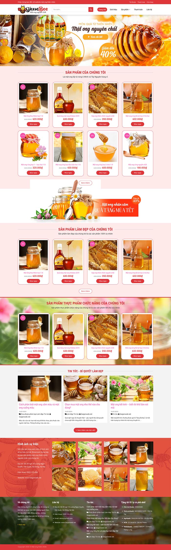 Ảnh chụp toàn trang giao diện web bán mật ong nguyên chất H127