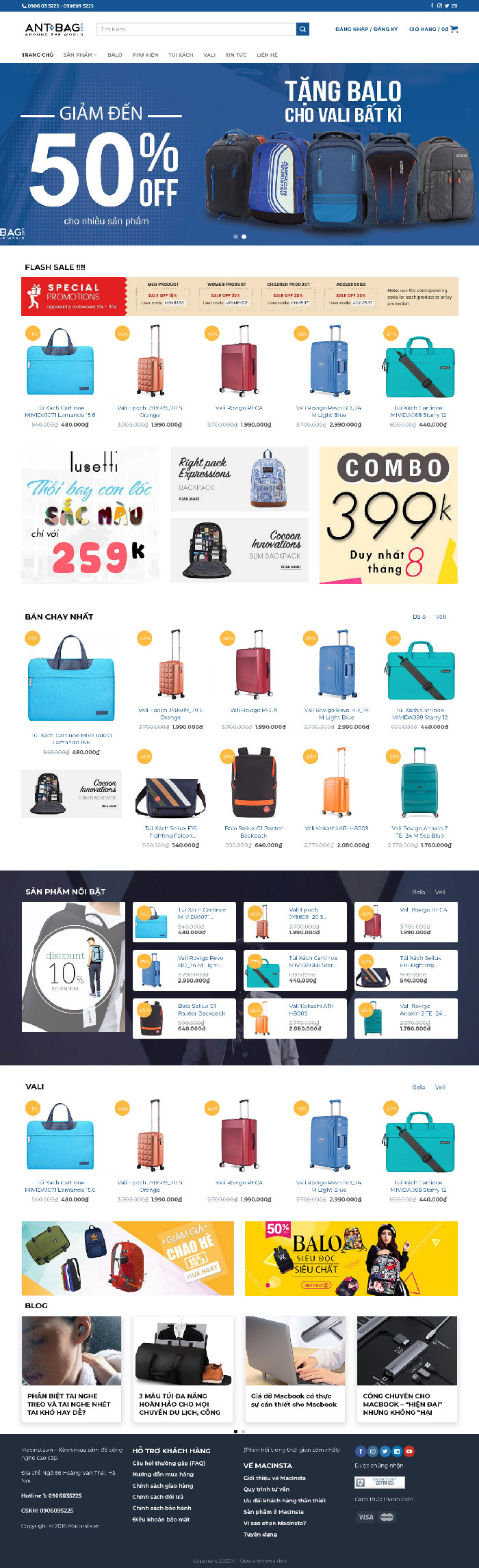 Ảnh chụp toàn trang giao diện website bán vali, balo, túi xách H1637