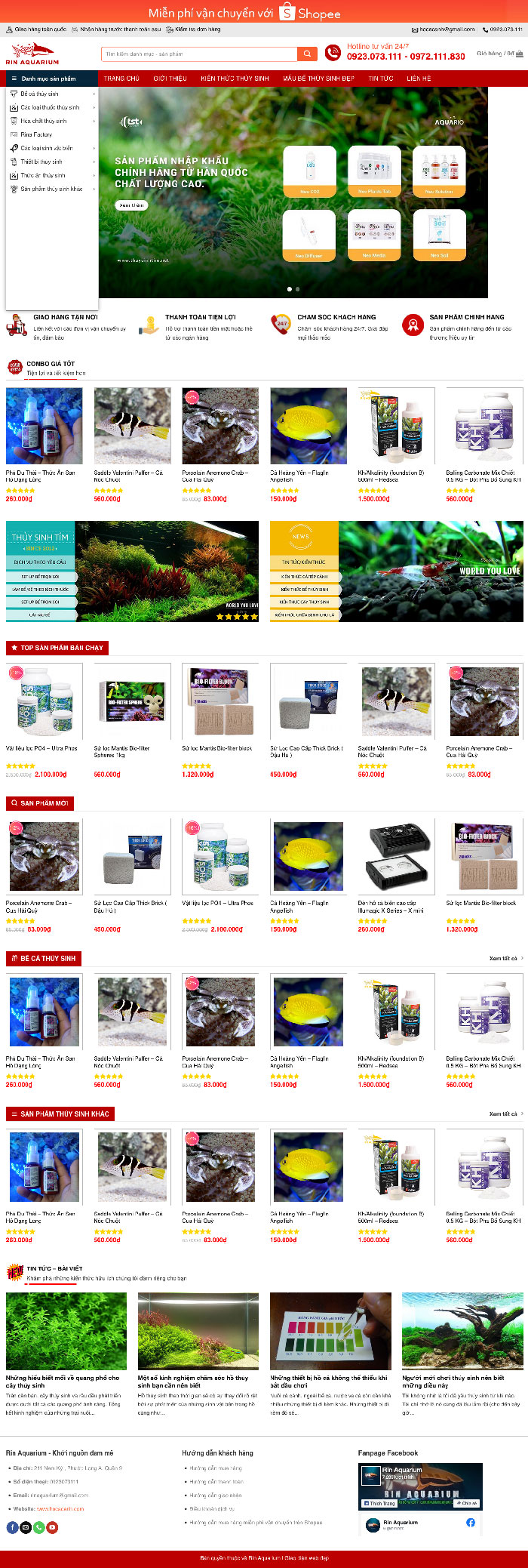 Ảnh chụp toàn trang giao diện website bán cá cảnh, đồ thuỷ sinh H1586
