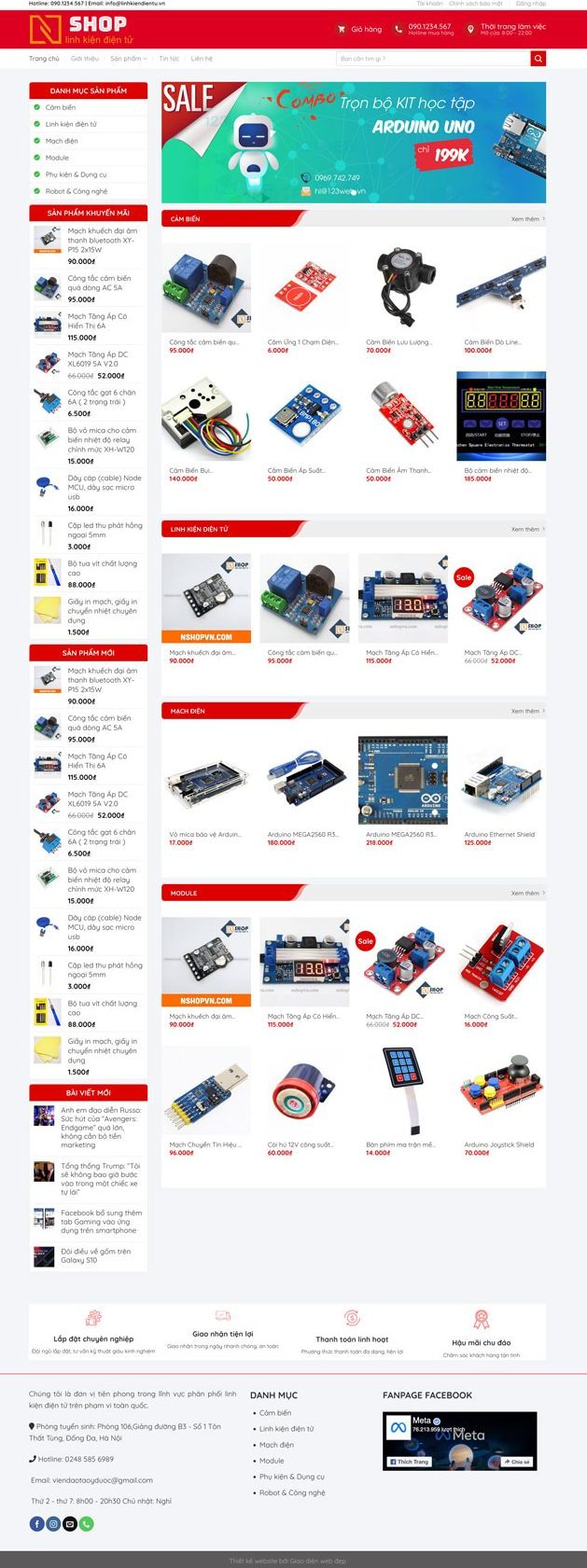 Ảnh chụp toàn trang giao diện website bán linh kiện điện tử H1233