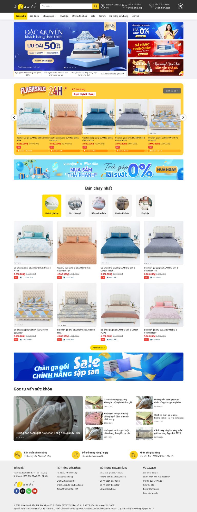 Ảnh chụp toàn trang giao diện website bán chăn, ga, nệm H1308