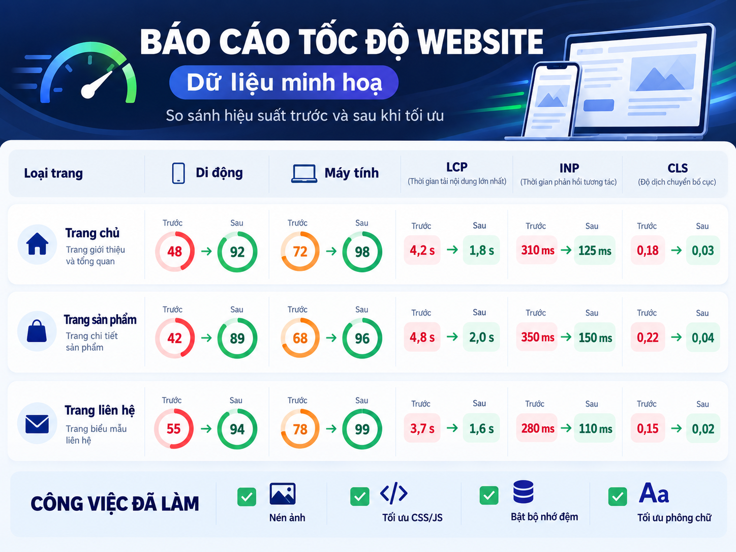 Mẫu báo cáo tốc độ trước và sau tối ưu của CVM: điểm di động, máy tính, LCP, INP, CLS của trang chủ, trang sản phẩm, trang liên hệ và các việc đã làm (dữ liệu minh hoạ)