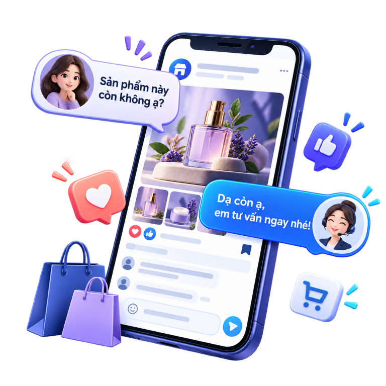 Fanpage được chăm sóc: bài đăng sản phẩm thiết kế đồng bộ, khách nhắn hỏi còn hàng và được tư vấn ngay