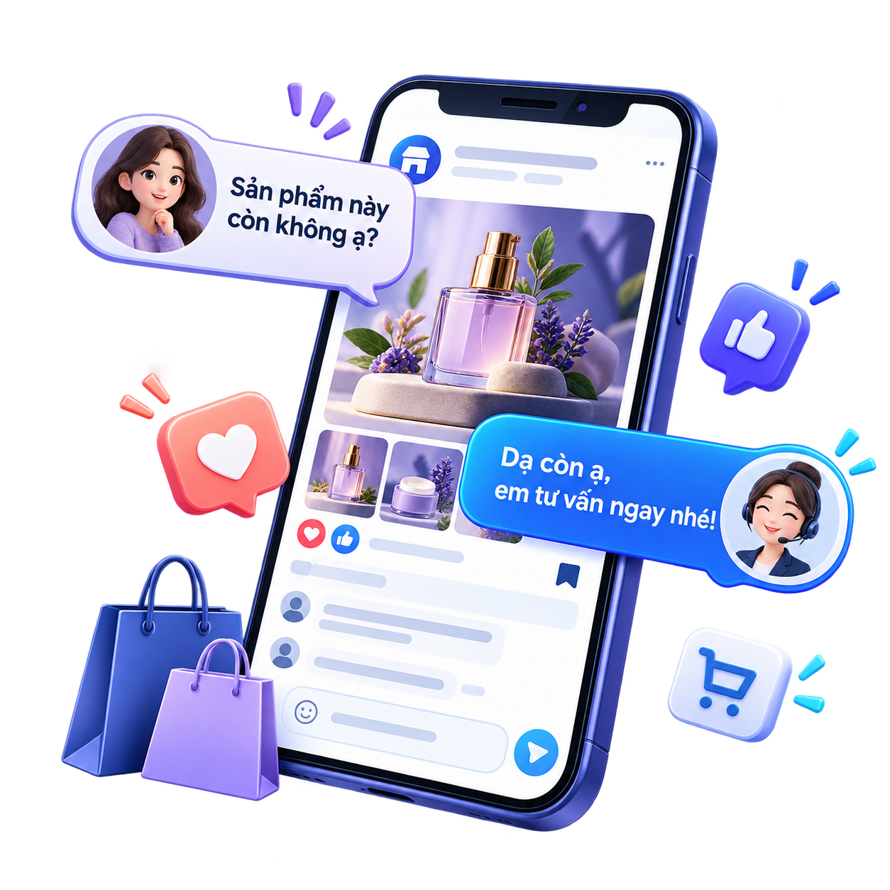 Fanpage được chăm sóc: bài đăng sản phẩm thiết kế đồng bộ, khách nhắn hỏi còn hàng và được tư vấn ngay