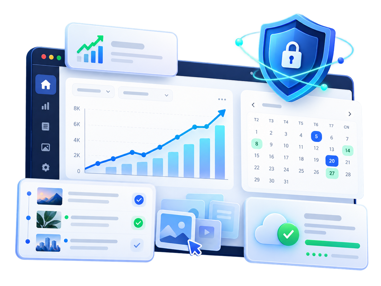 Bảng điều khiển chăm sóc website của CVM: biểu đồ truy cập tăng, lịch đăng bài, khiên bảo mật và sao lưu thành công