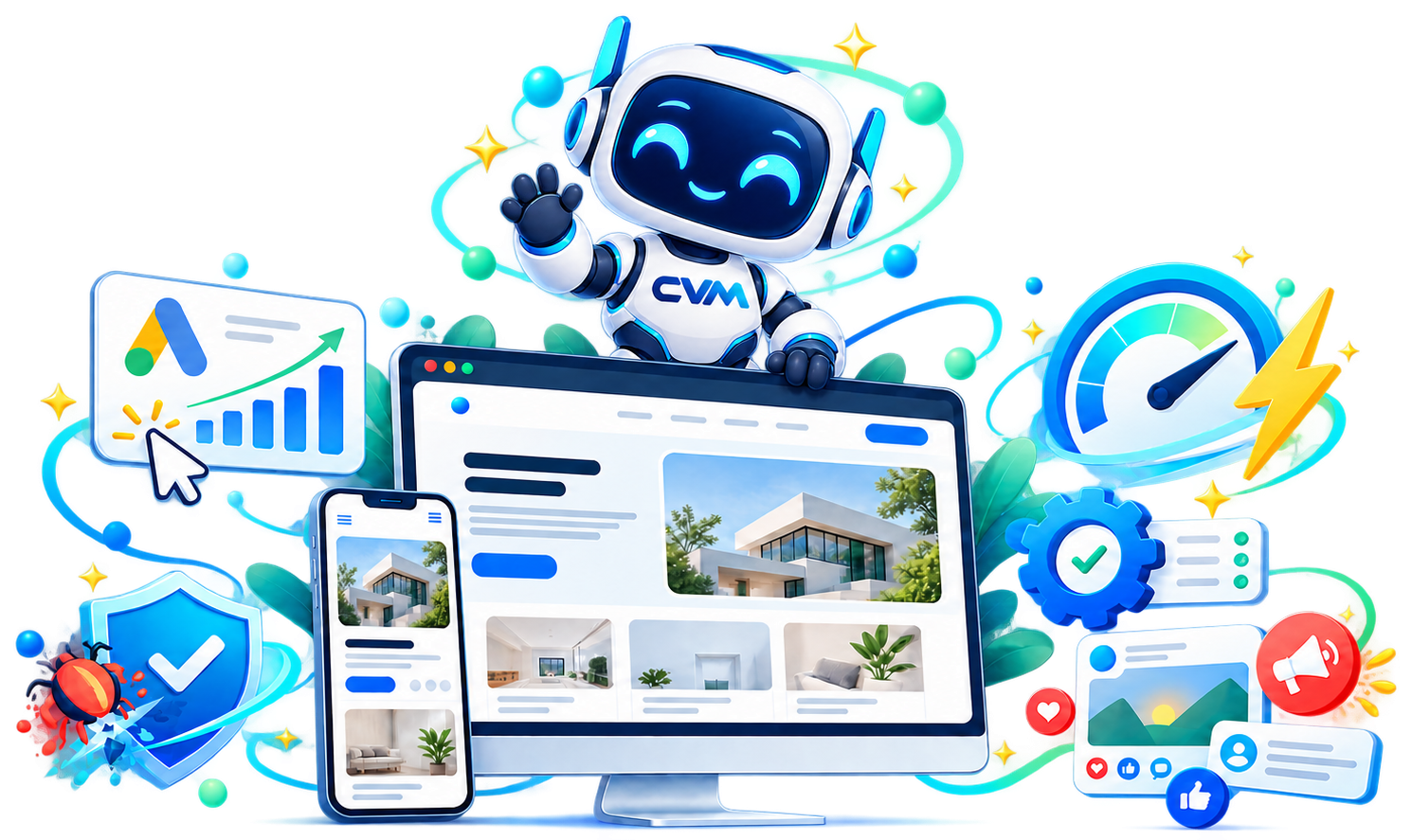 Minh hoạ dịch vụ CVM: trợ lý AI CVM cùng thiết kế website, quảng cáo Google Ads, bảo mật, tăng tốc, chăm sóc website và fanpage