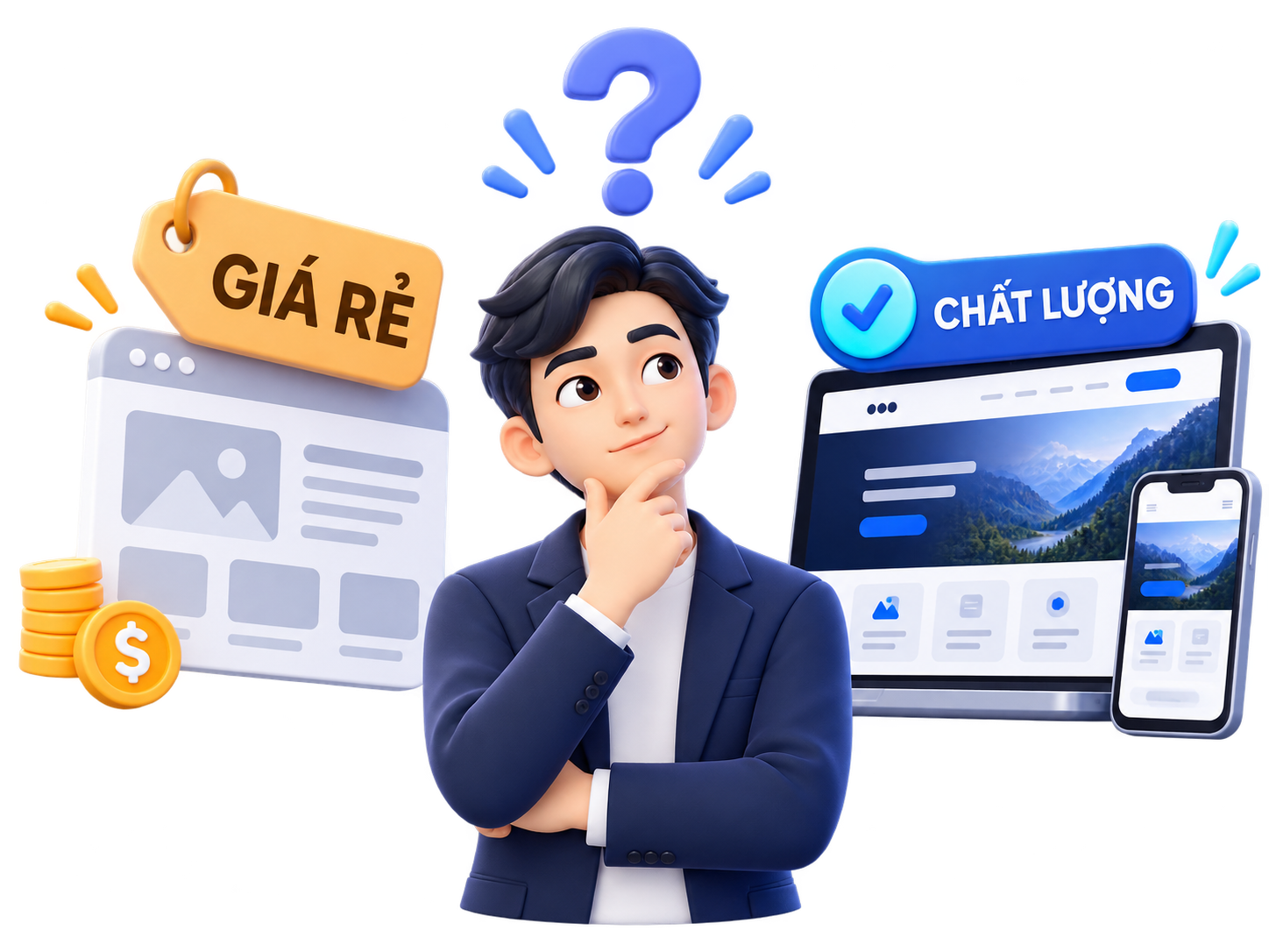 Người đang phân vân giữa website gắn nhãn giá thấp và website gắn nhãn chất lượng trên máy tính, điện thoại