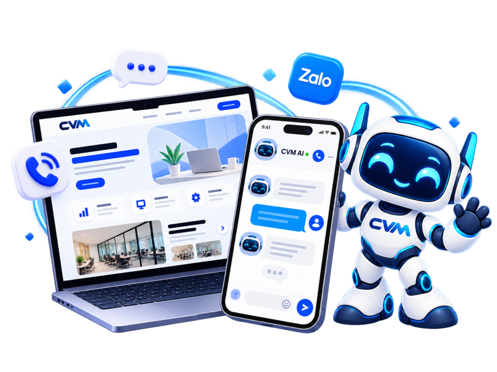 Liên hệ CVM qua điện thoại, Zalo và website: robot CVM vẫy chào bên laptop và điện thoại đang nhắn tin