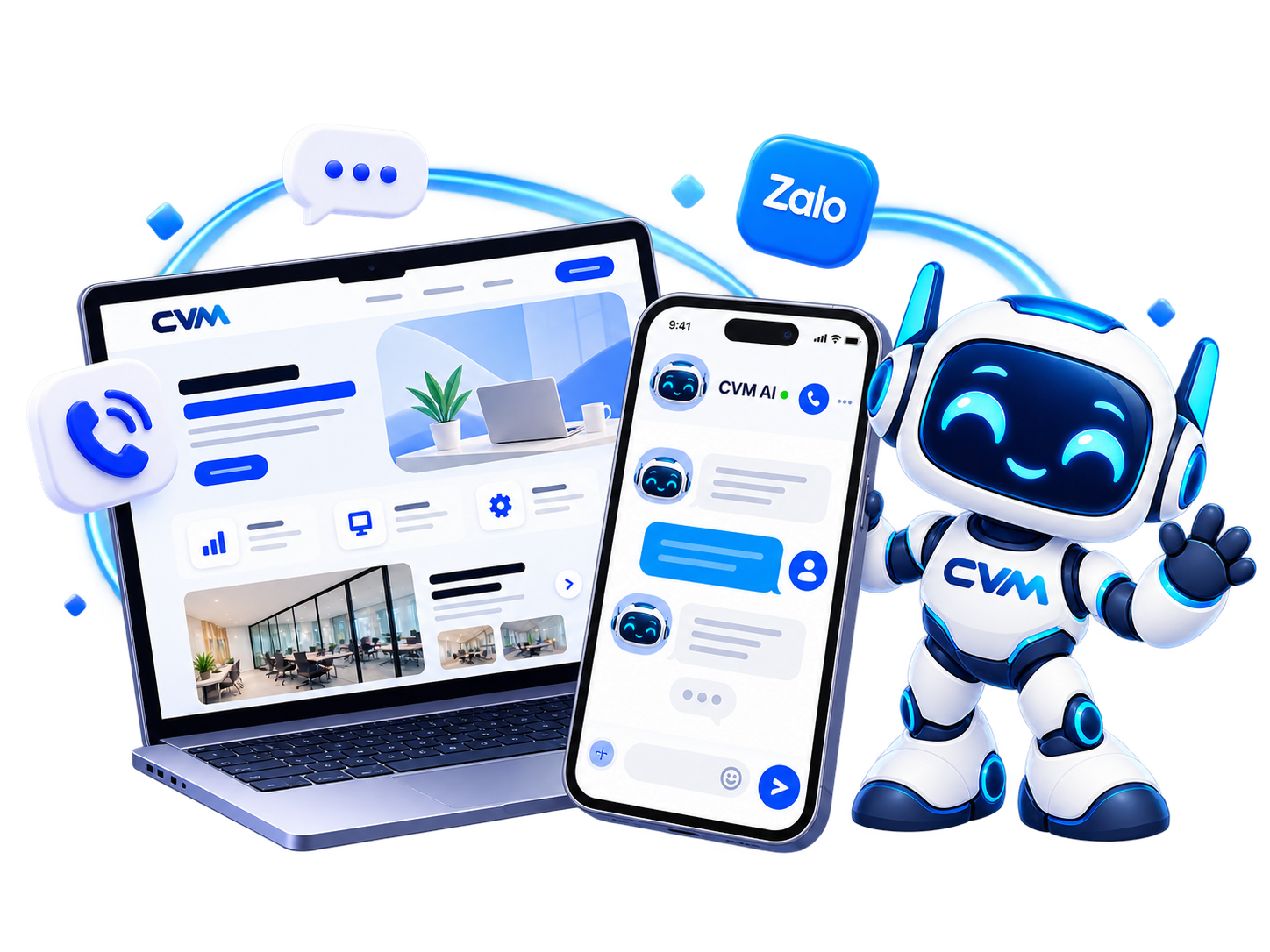 Liên hệ CVM qua điện thoại, Zalo và website: robot CVM vẫy chào bên laptop và điện thoại đang nhắn tin