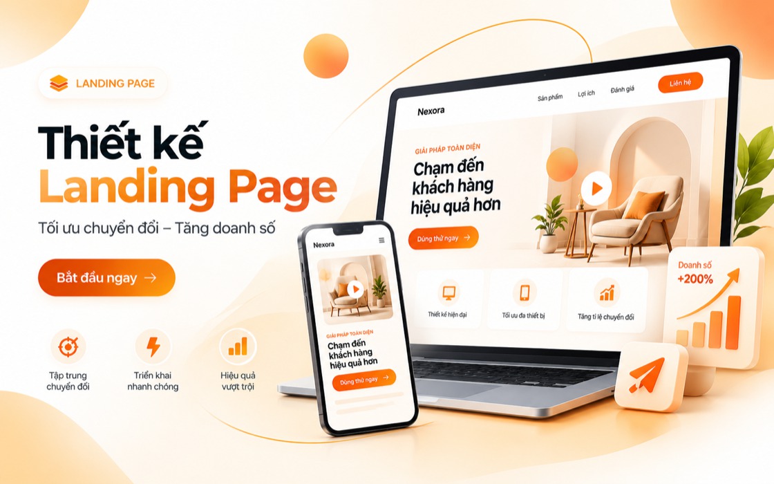 Minh hoạ landing page trên laptop và điện thoại