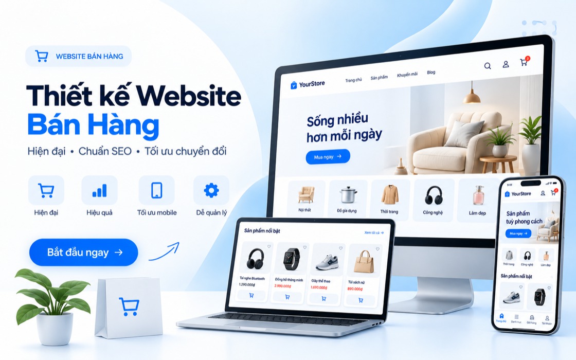 Minh hoạ website bán hàng trên màn hình máy tính, laptop và điện thoại