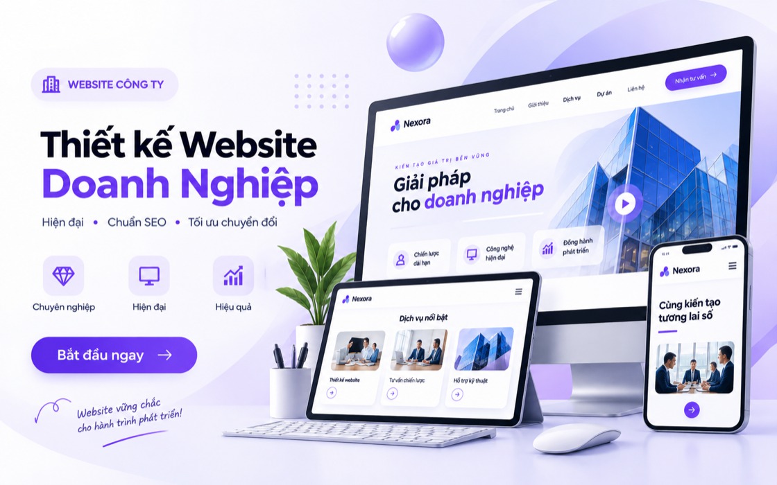Minh hoạ website công ty trên màn hình máy tính, máy tính bảng và điện thoại