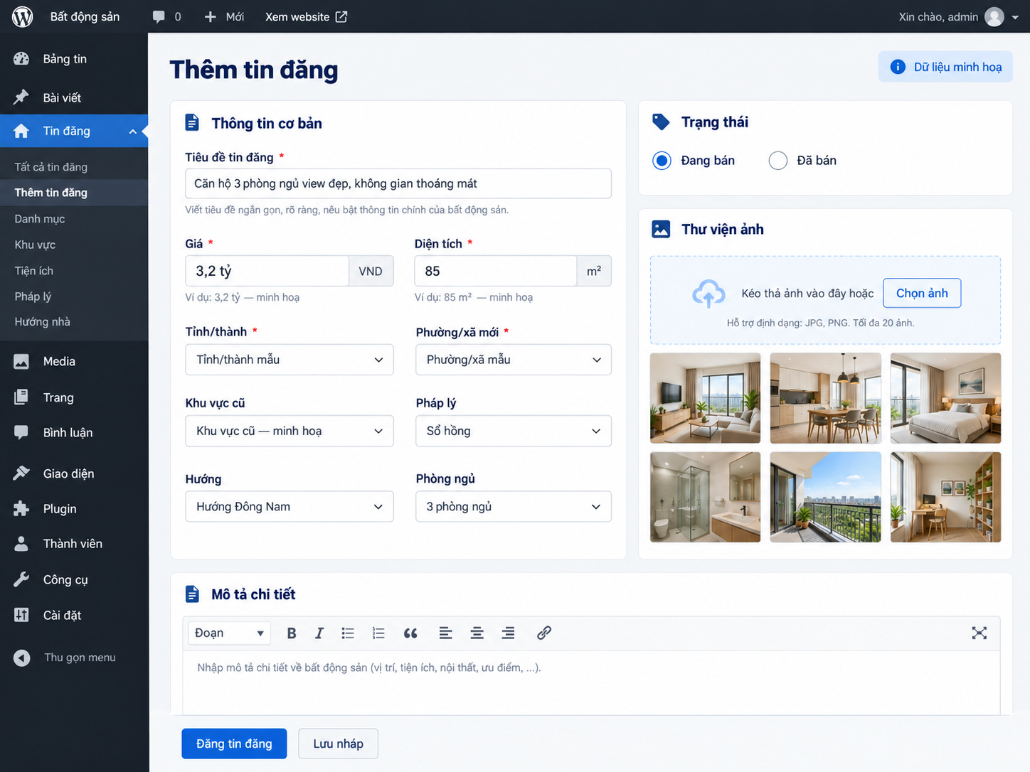 Màn hình Thêm tin đăng trong trang quản trị WordPress: giá, diện tích, tỉnh thành, phường xã mới, khu vực cũ, pháp lý, hướng, phòng ngủ, thư viện ảnh, trạng thái đang bán hoặc đã bán (dữ liệu minh hoạ)