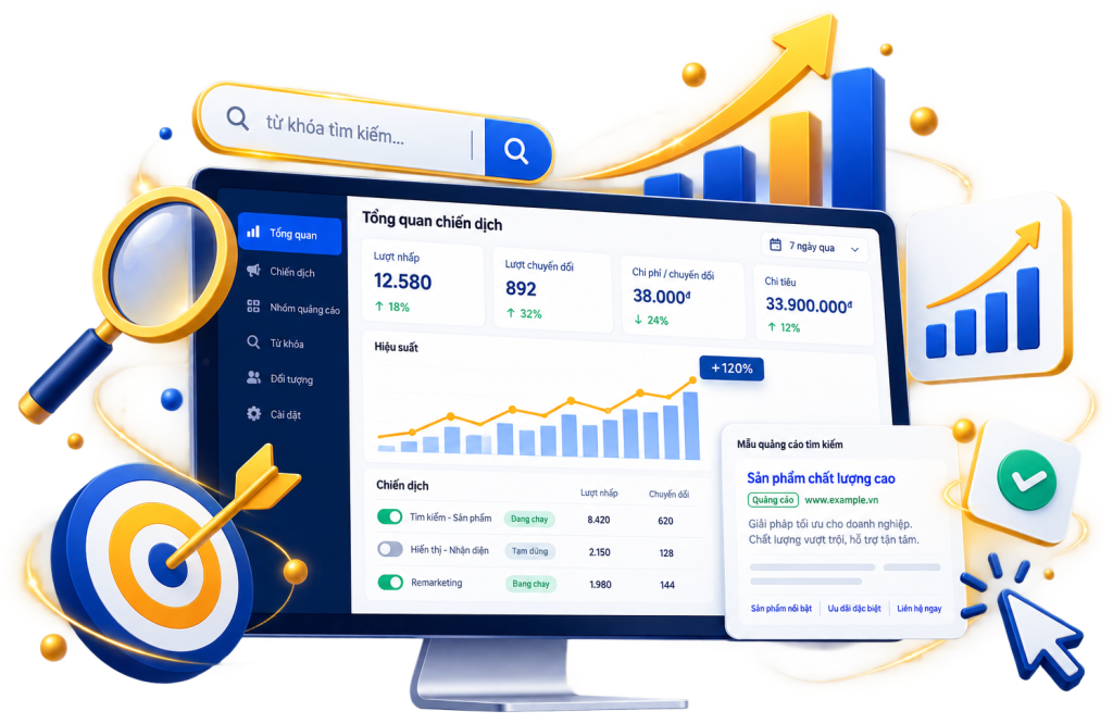 Minh hoạ quản lý chiến dịch Google Ads: tổng quan lượt nhấp, chuyển đổi, chi tiêu và mẫu quảng cáo tìm kiếm