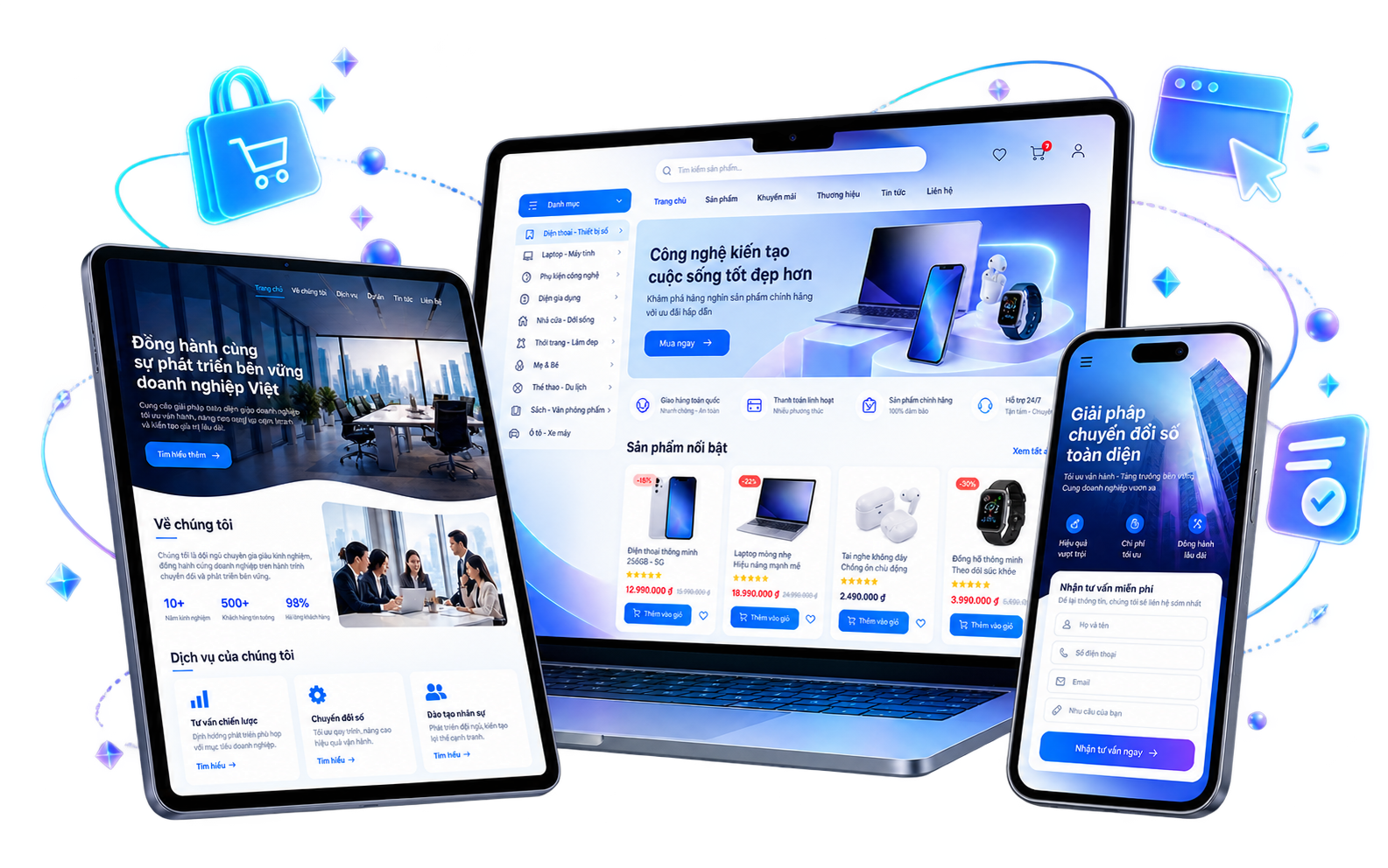 Website công ty và website bán hàng chuẩn SEO do CVM thiết kế trọn gói, hiển thị trên máy tính bảng, laptop và điện thoại