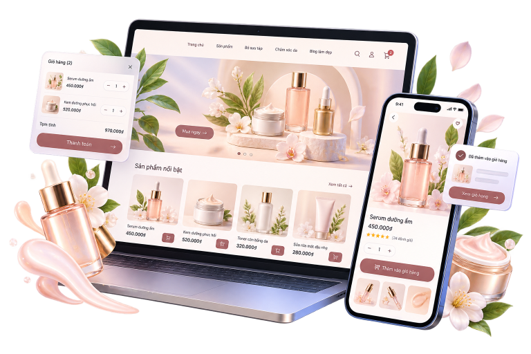 Website bán mỹ phẩm do CVM thiết kế trên laptop và điện thoại