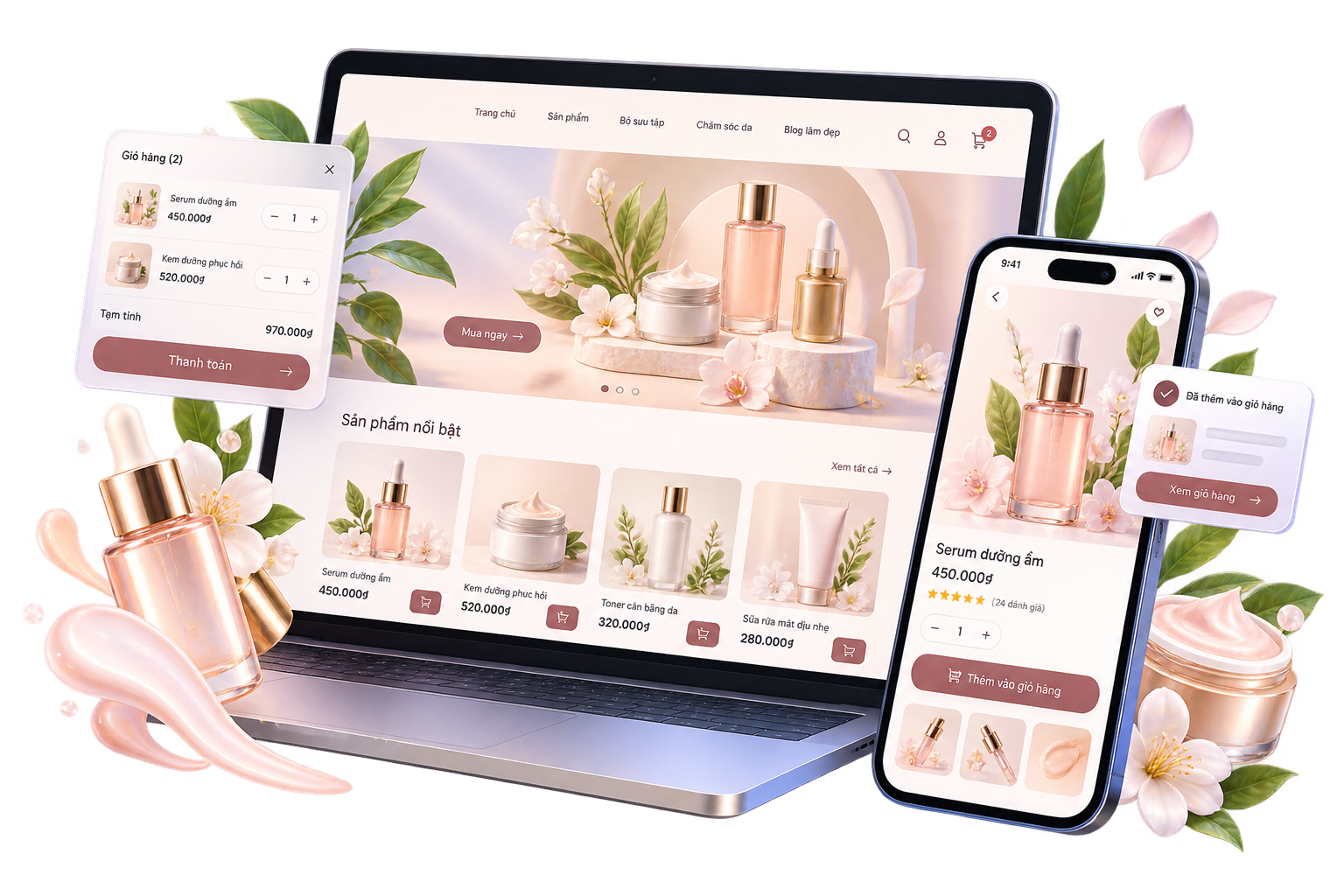 Website bán mỹ phẩm do CVM thiết kế trên laptop và điện thoại: trang chủ sản phẩm nổi bật có giá, giỏ hàng, trang sản phẩm có nút Thêm vào giỏ hàng