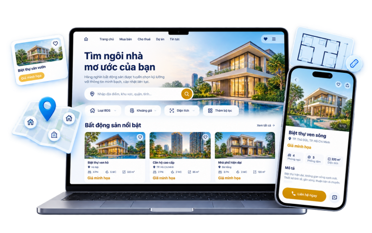 Website bất động sản do CVM thiết kế trên laptop và điện thoại