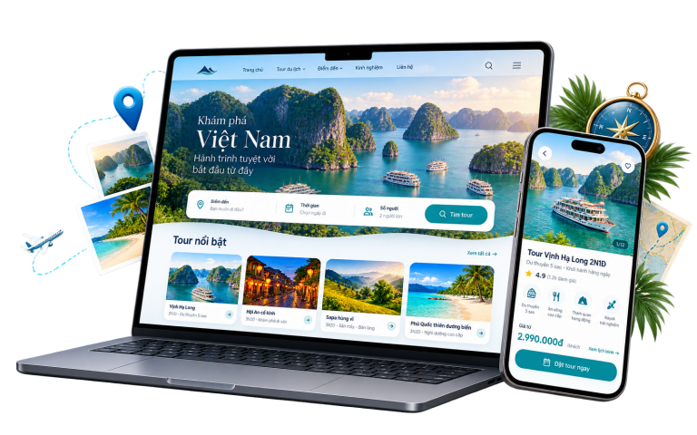 Website du lịch do CVM thiết kế trên laptop và điện thoại