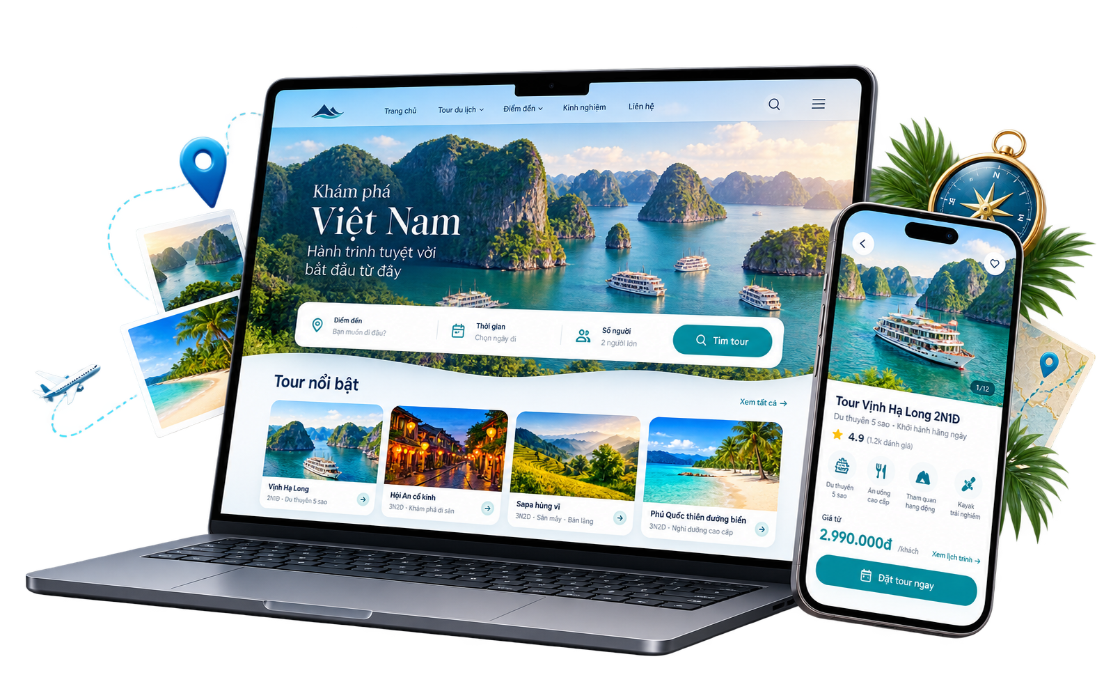 Website du lịch do CVM thiết kế trên laptop và điện thoại: ô tìm tour theo điểm đến, thời gian, số người; tour nổi bật; trang tour có giá từ và nút Đặt tour