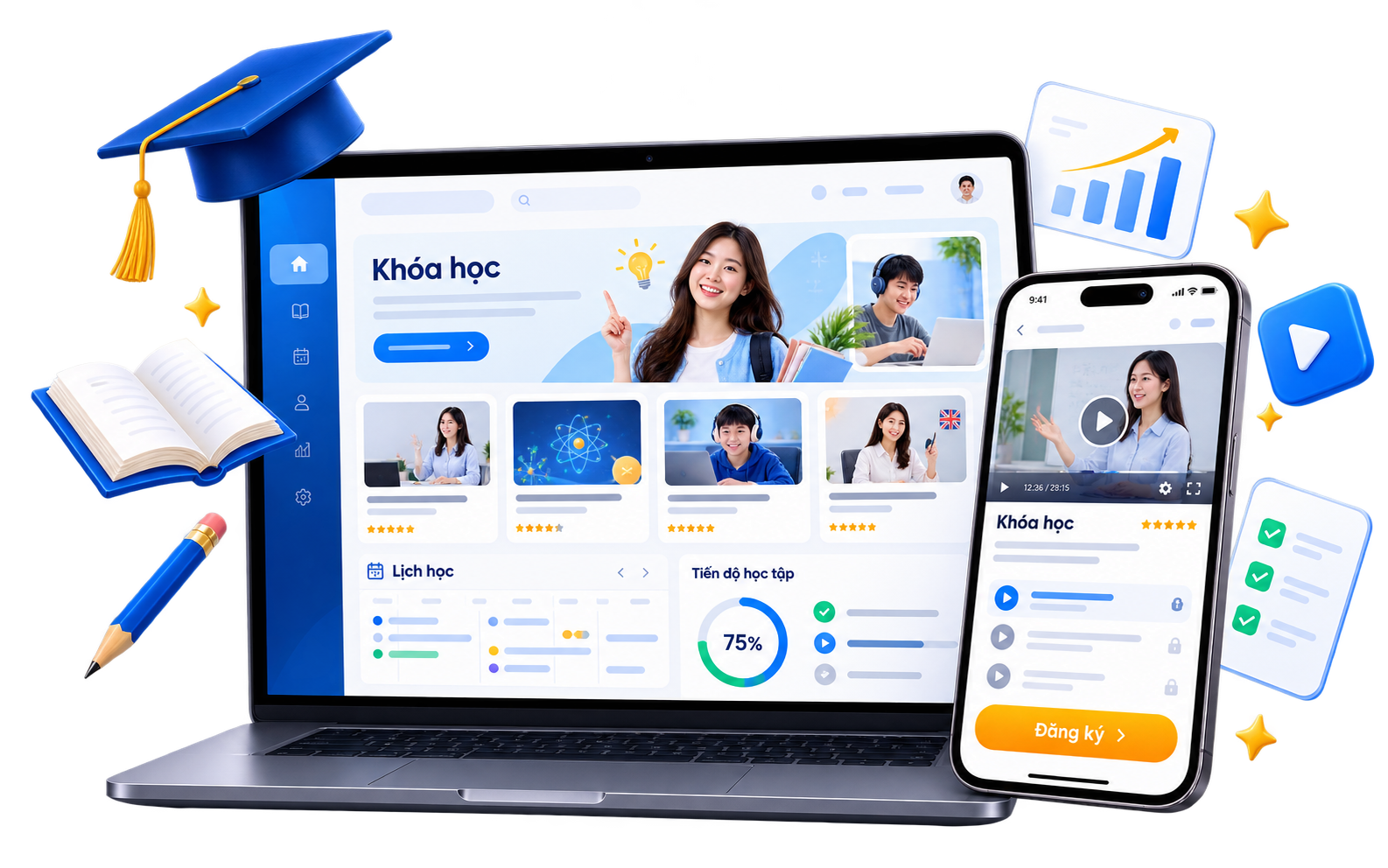Website giáo dục do CVM thiết kế trên laptop và điện thoại: trang khoá học, lịch học, tiến độ học tập, nút Đăng ký trên điện thoại