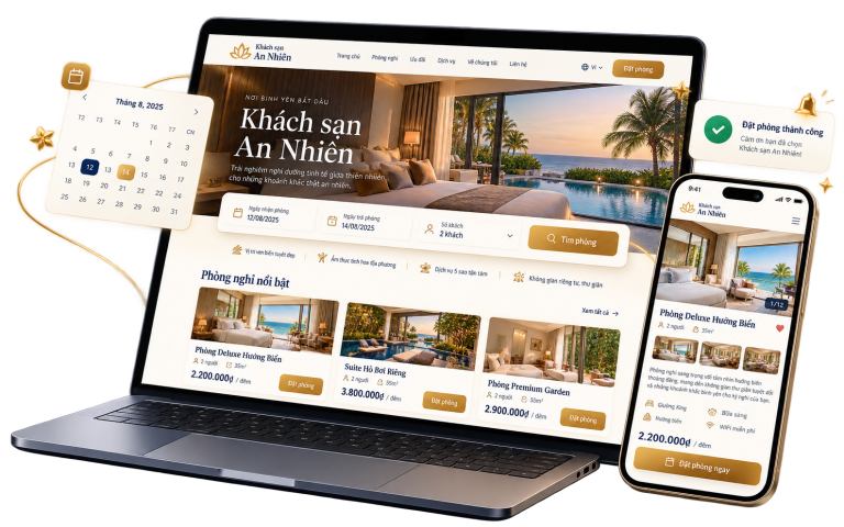 Website khách sạn do CVM thiết kế trên laptop và điện thoại