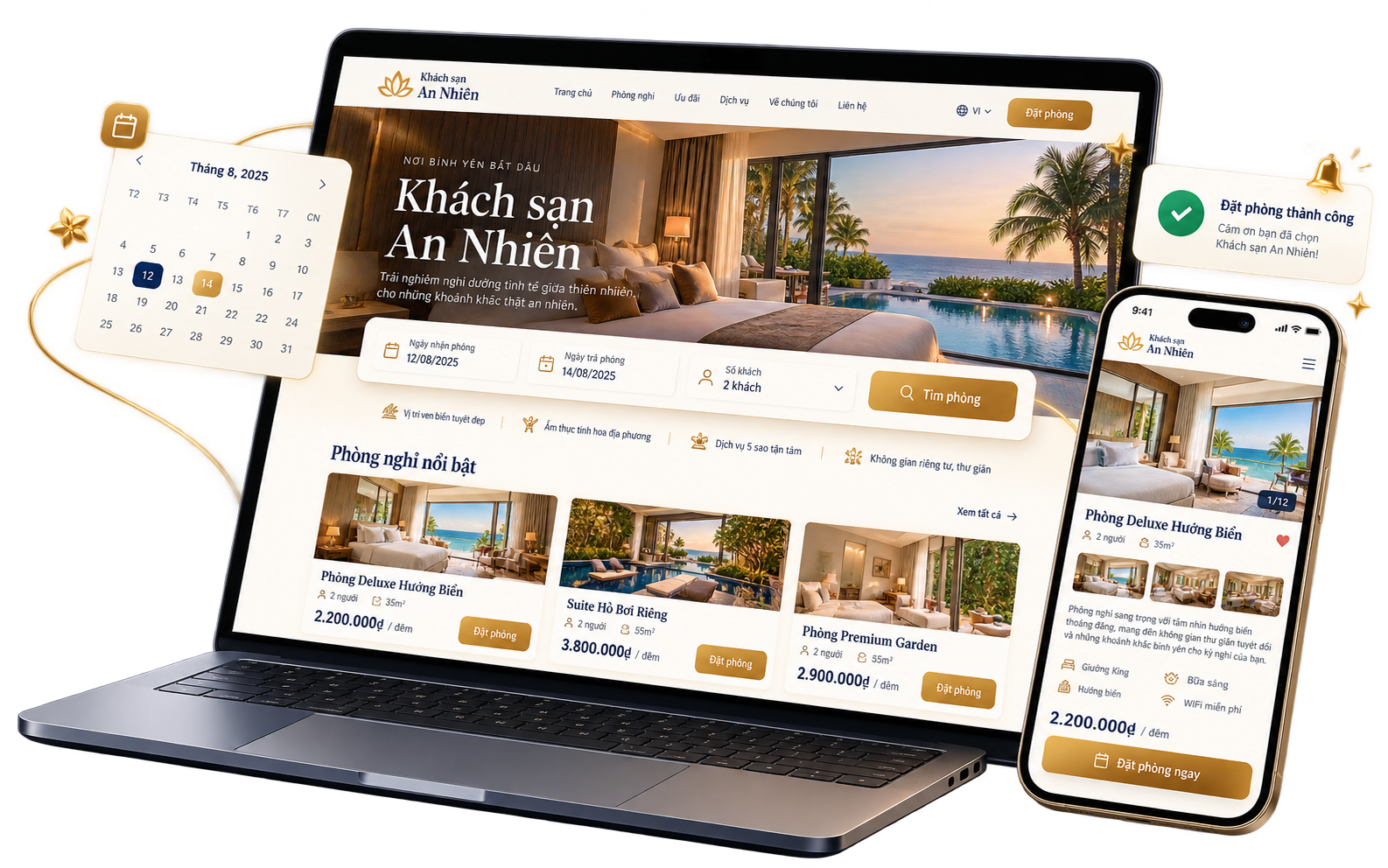 Website khách sạn do CVM thiết kế trên laptop và điện thoại: ô chọn ngày nhận, trả phòng, số khách, nút Tìm phòng, phòng nổi bật có giá theo đêm, nút Đặt phòng