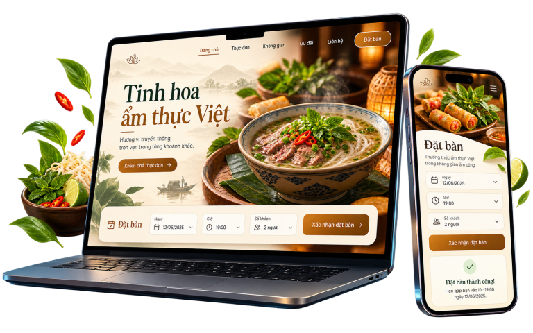 Website nhà hàng do CVM thiết kế trên laptop và điện thoại