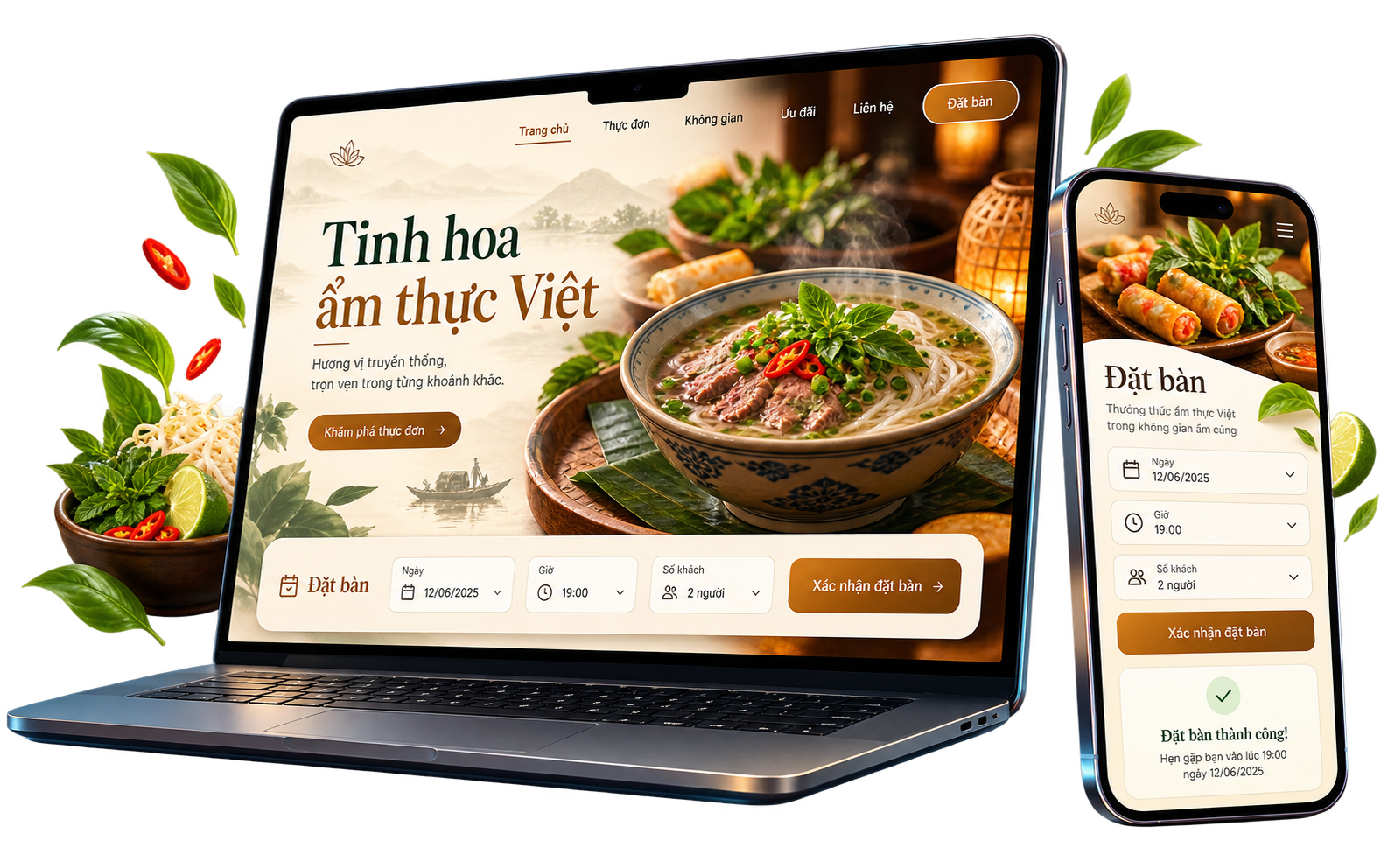 Website nhà hàng do CVM thiết kế trên laptop và điện thoại: trang chủ món Việt, ô đặt bàn chọn ngày, giờ, số khách, báo đặt bàn thành công