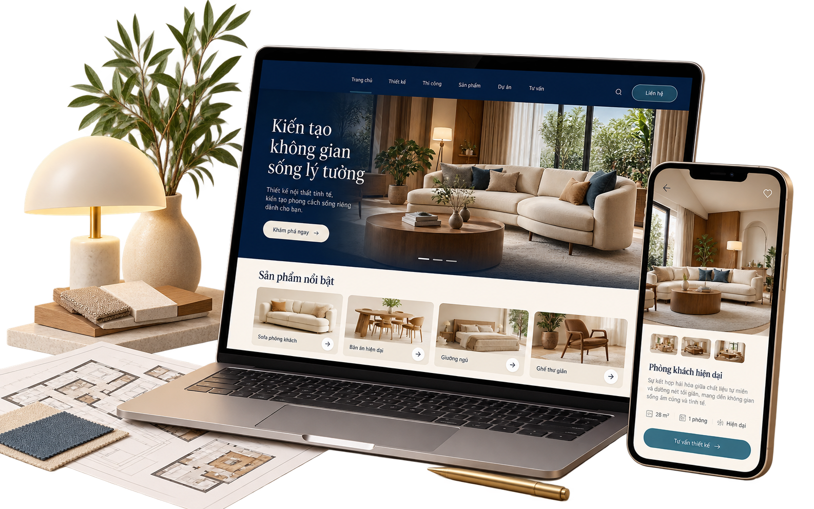 Website nội thất do CVM thiết kế trên laptop và điện thoại: trang chủ phòng khách, sản phẩm nổi bật, trang dự án có nút Tư vấn thiết kế