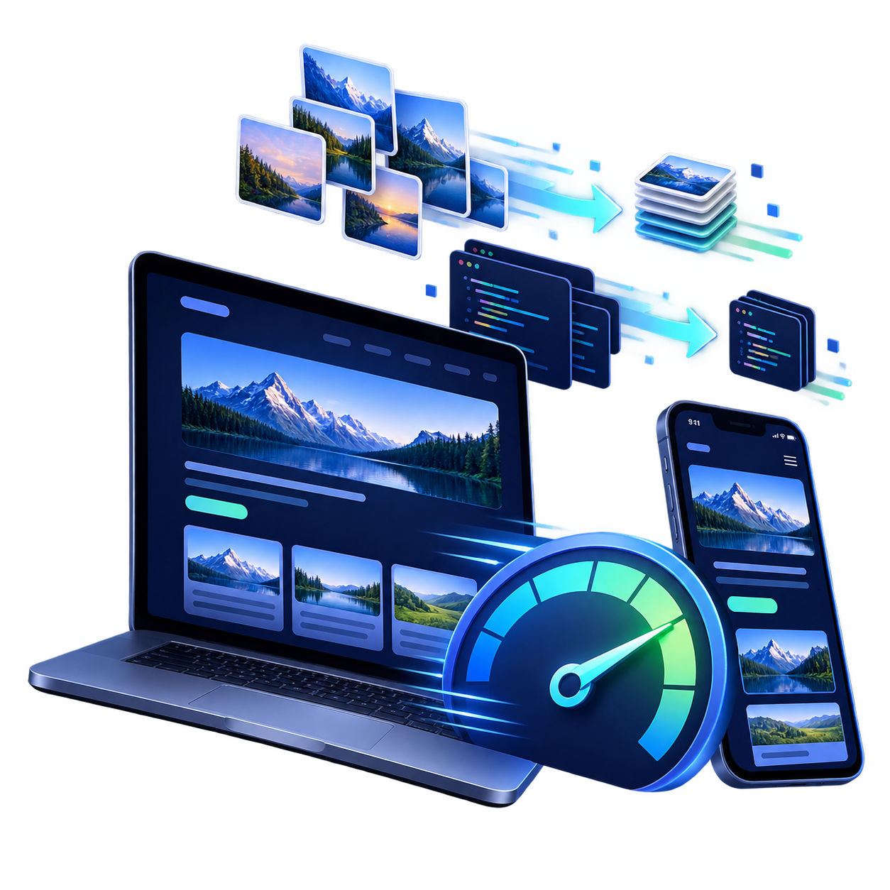 Tối ưu tốc độ website: ảnh và mã nguồn được nén gọn, trang hiện nhanh trên laptop và điện thoại, đồng hồ tốc độ ở vùng nhanh