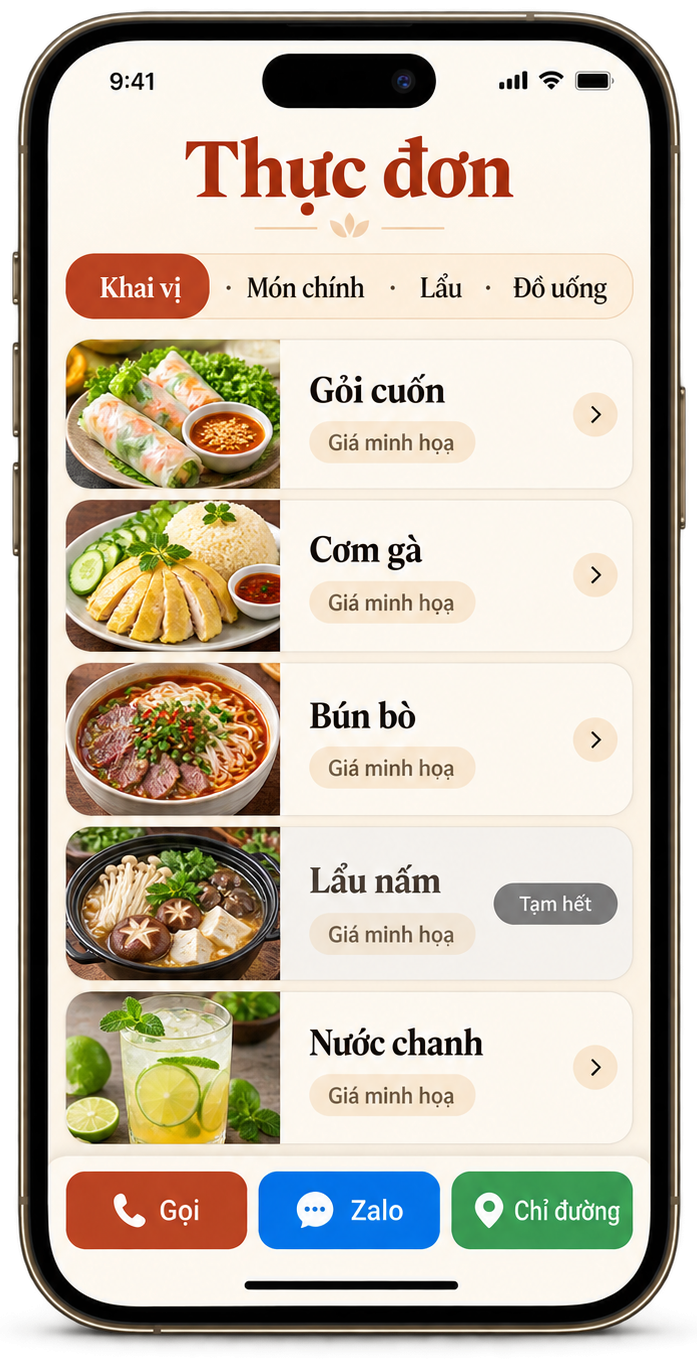 Trang thực đơn nhà hàng trên điện thoại: nhóm món, ảnh món, món tạm hết, nút Gọi, Zalo, Chỉ đường