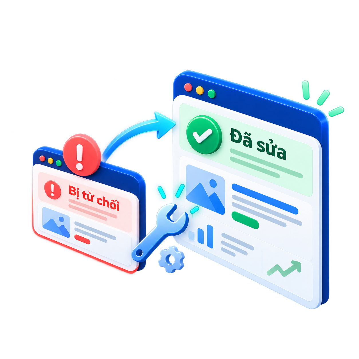 Minh hoạ xử lý lỗi quảng cáo Google Ads: quảng cáo bị từ chối được sửa lại, chuyển sang trạng thái đã sửa