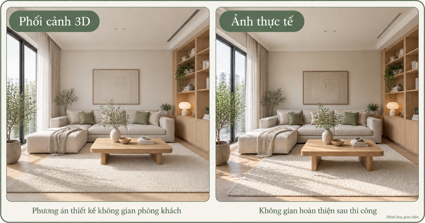 Giao diện minh hoạ: cùng một phòng khách hiển thị hai ảnh cạnh nhau, ảnh trái gắn nhãn Phối cảnh 3D là phương án thiết kế, ảnh phải gắn nhãn Ảnh thực tế là không gian hoàn thiện sau thi công