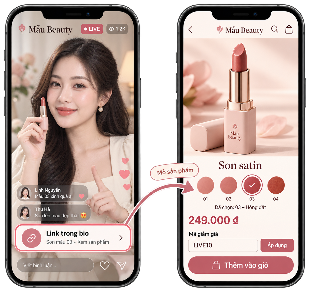 Bán mỹ phẩm qua livestream: thẻ Link trong bio mở trang son đã chọn sẵn màu 03, có ô mã giảm giá và nút Thêm vào giỏ