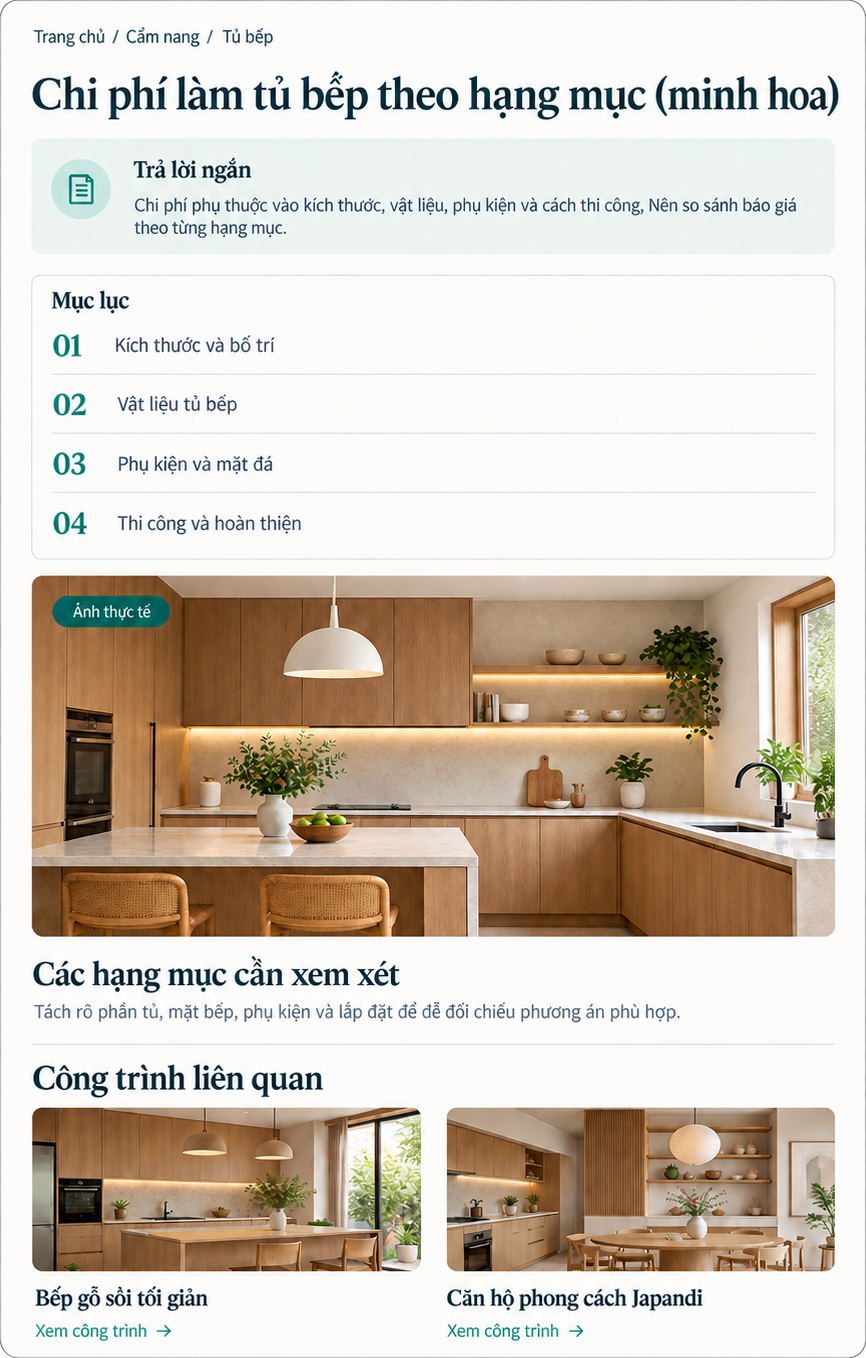 Bài cẩm nang minh hoạ trên website nội thất: Chi phí làm tủ bếp theo hạng mục, có hộp Trả lời ngắn, mục lục bốn mục, ảnh bếp gắn nhãn Ảnh thực tế và khối Công trình liên quan