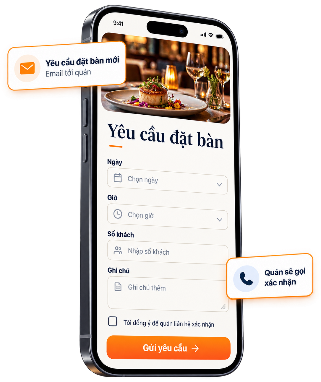 Form yêu cầu đặt bàn trên điện thoại chọn ngày, giờ, số khách; email báo yêu cầu mới tới quán và quán gọi lại xác nhận
