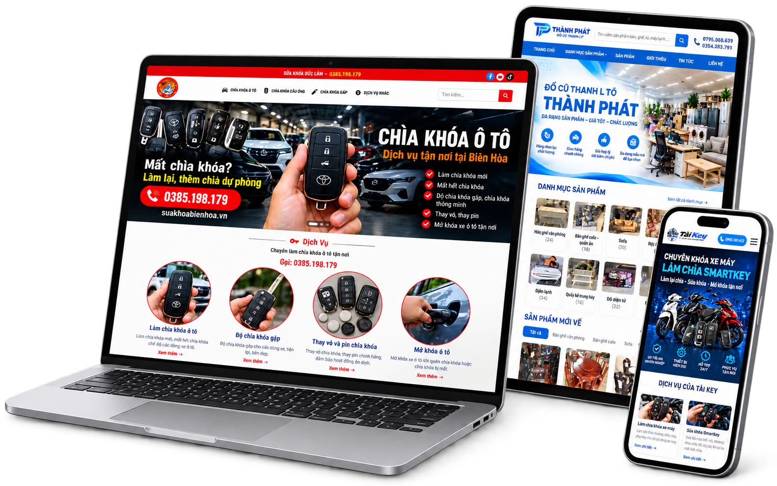Laptop, máy tính bảng và điện thoại hiện website Sửa Khóa Đức Lâm, Đồ Cũ Thành Phát và Tài Key do CVM thiết kế