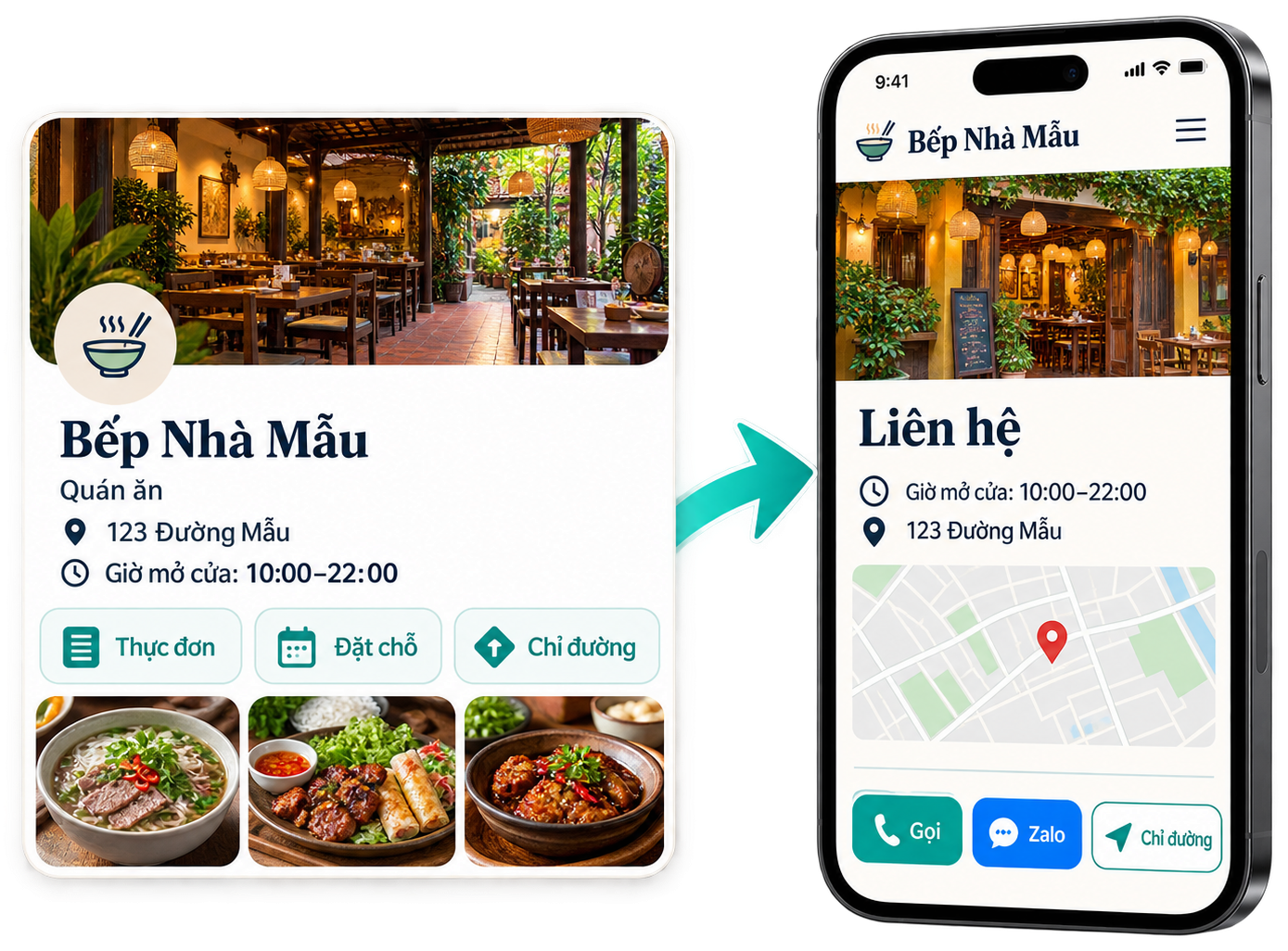 Thẻ hồ sơ doanh nghiệp của quán có nút Thực đơn, Đặt chỗ, Chỉ đường, dẫn sang trang Liên hệ của website có bản đồ, nút Gọi, Zalo
