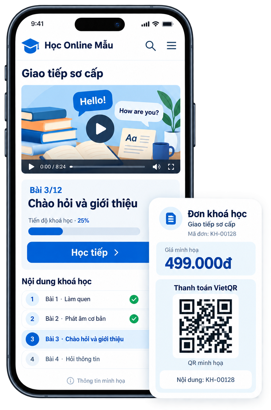 Bài học video Bài 3/12 trên điện thoại với tiến độ khoá học và nút Học tiếp, kèm thẻ đơn khoá học thanh toán bằng mã VietQR (giao diện minh hoạ)