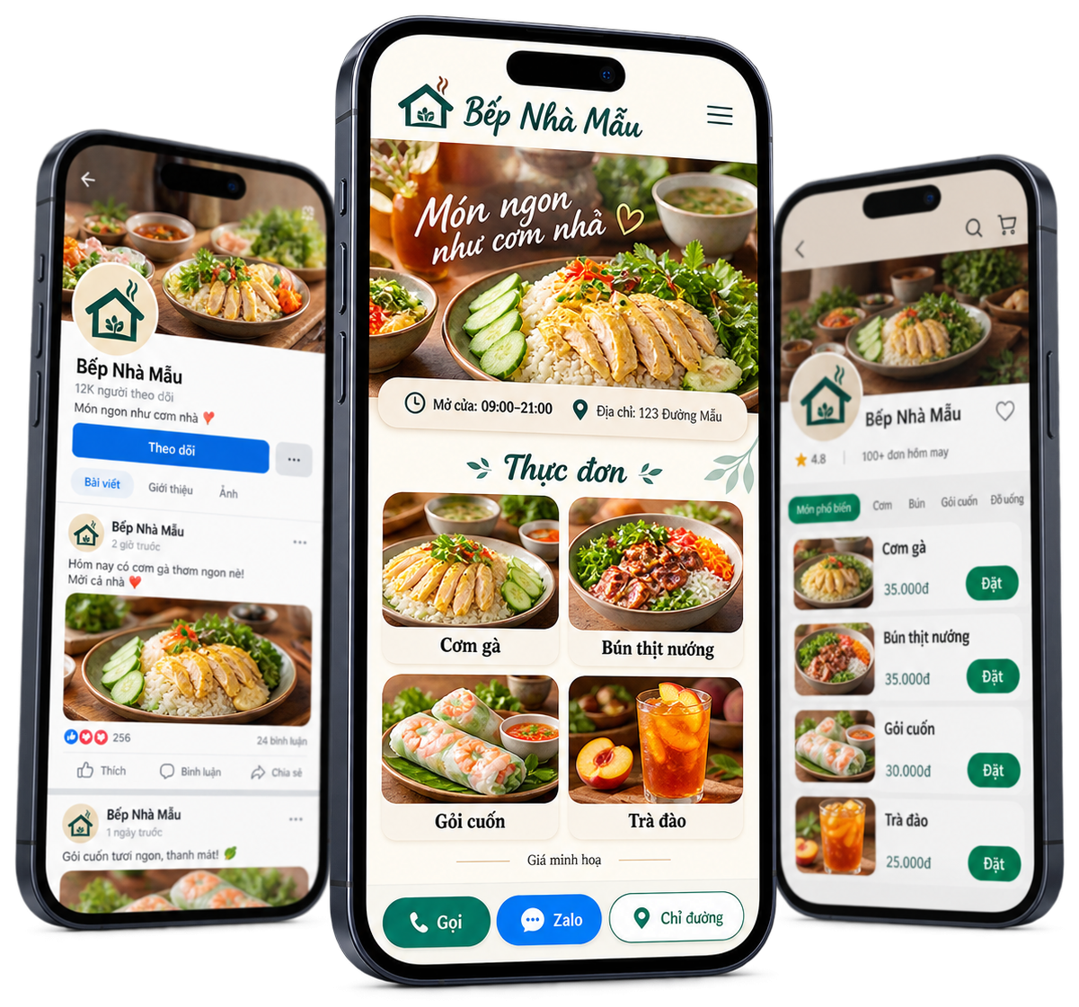 Website nhà hàng trên điện thoại có giờ mở cửa, địa chỉ, thực đơn có ảnh món, nút Gọi, Zalo, Chỉ đường, cạnh fanpage và gian hàng giao đồ ăn