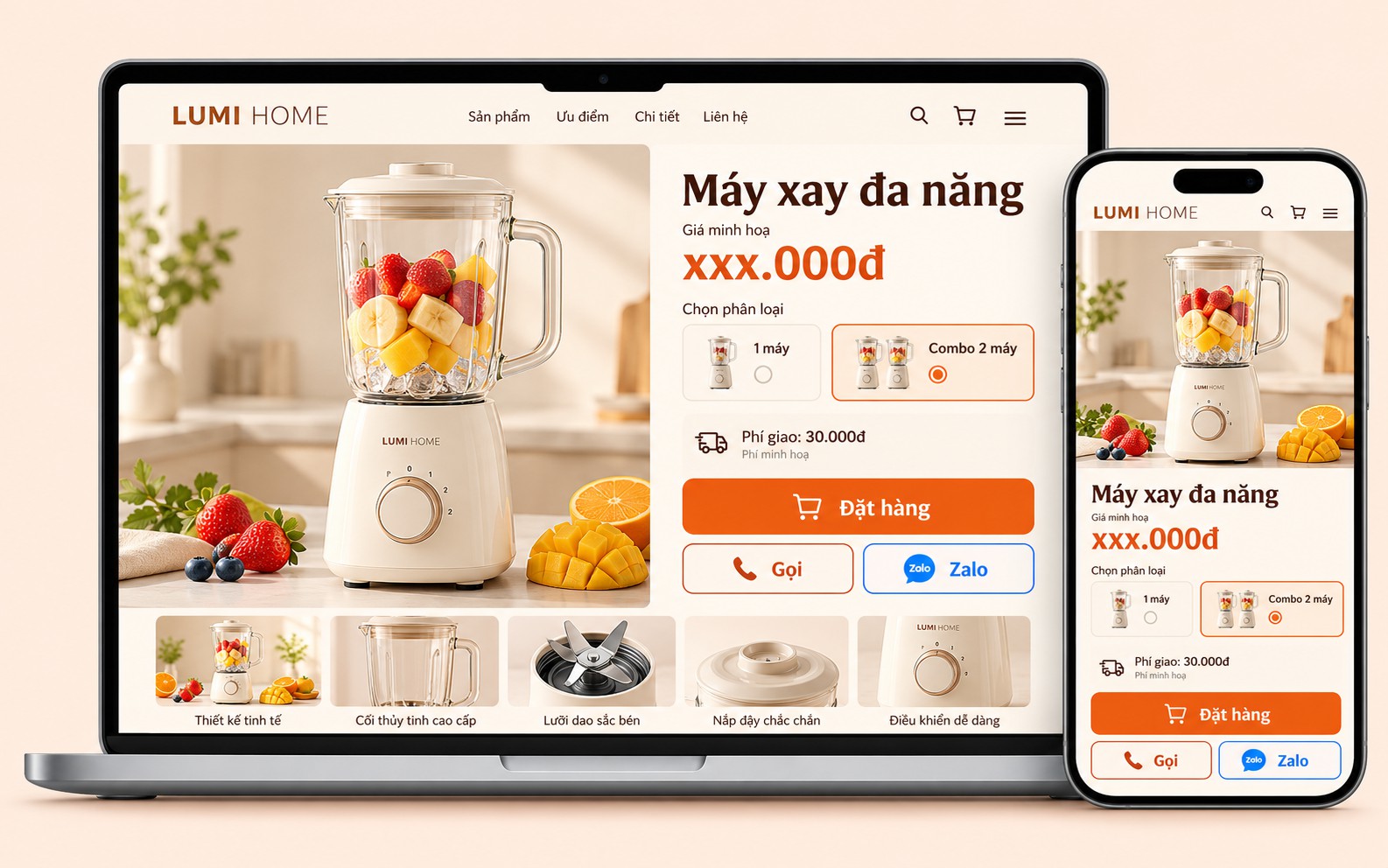 Mẫu landing page bán máy xay đa năng (thương hiệu minh hoạ) trên laptop và điện thoại, có giá minh hoạ, lựa chọn combo, phí giao và nút Đặt hàng, Gọi, Zalo