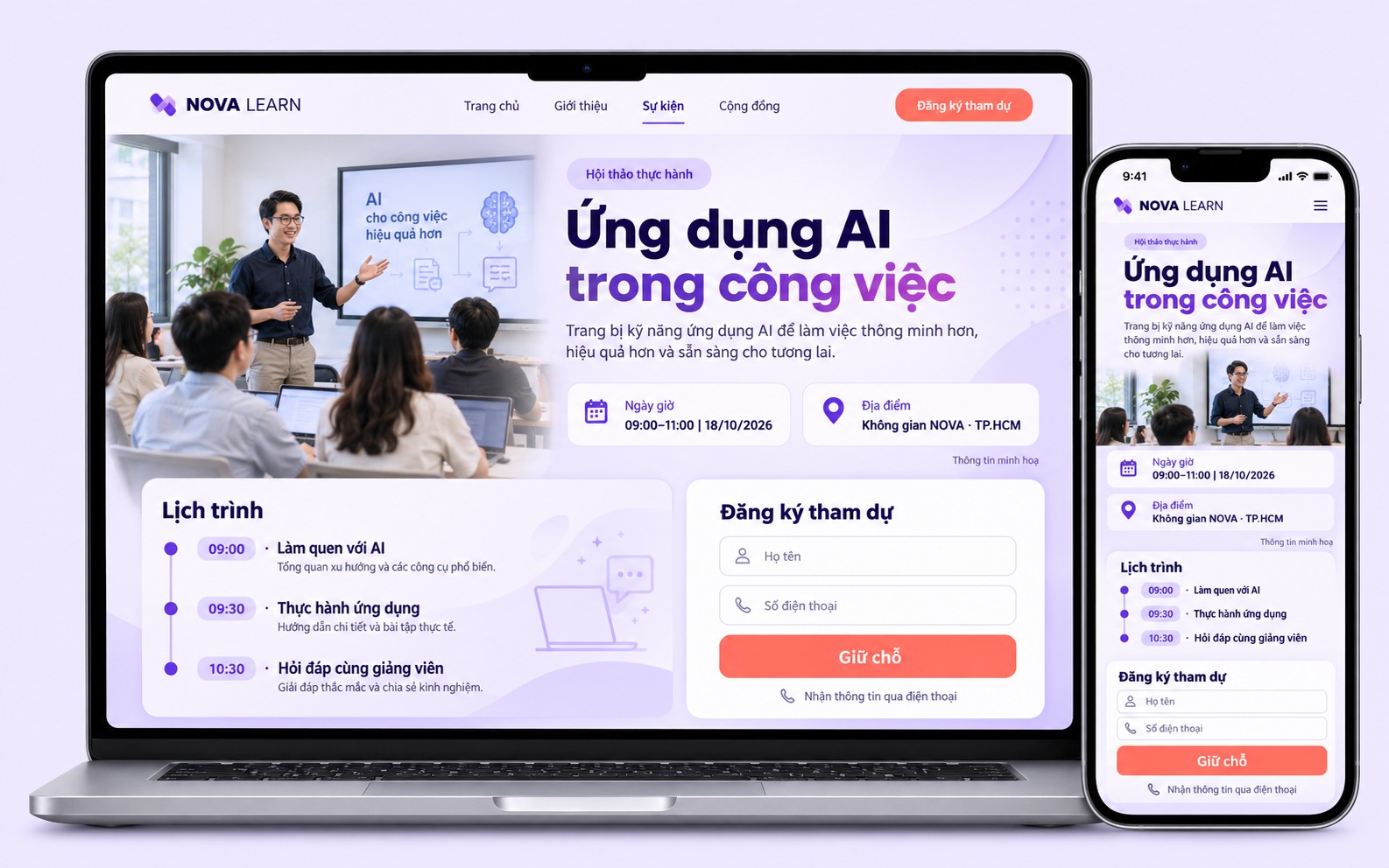 Mẫu landing page đăng ký hội thảo (đơn vị minh hoạ) trên laptop và điện thoại, có ngày giờ, địa điểm, lịch trình ba mục và form giữ chỗ