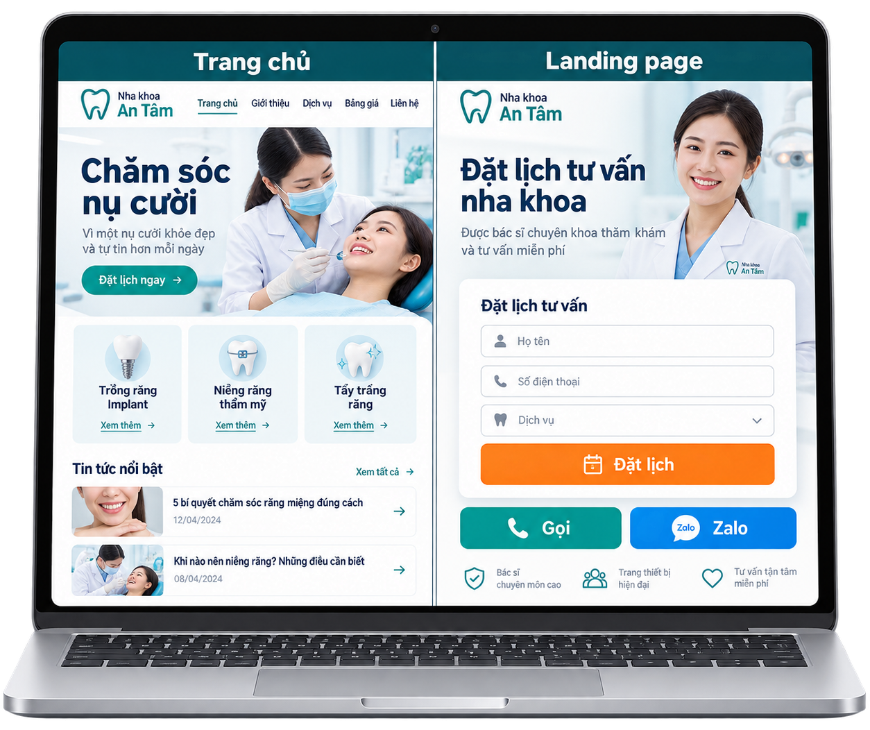 Màn hình laptop chia đôi: bên trái là trang chủ của một phòng khám nha khoa (tên minh hoạ) có menu, dịch vụ, tin tức; bên phải là landing page đặt lịch tư vấn có form, nút Gọi và Zalo