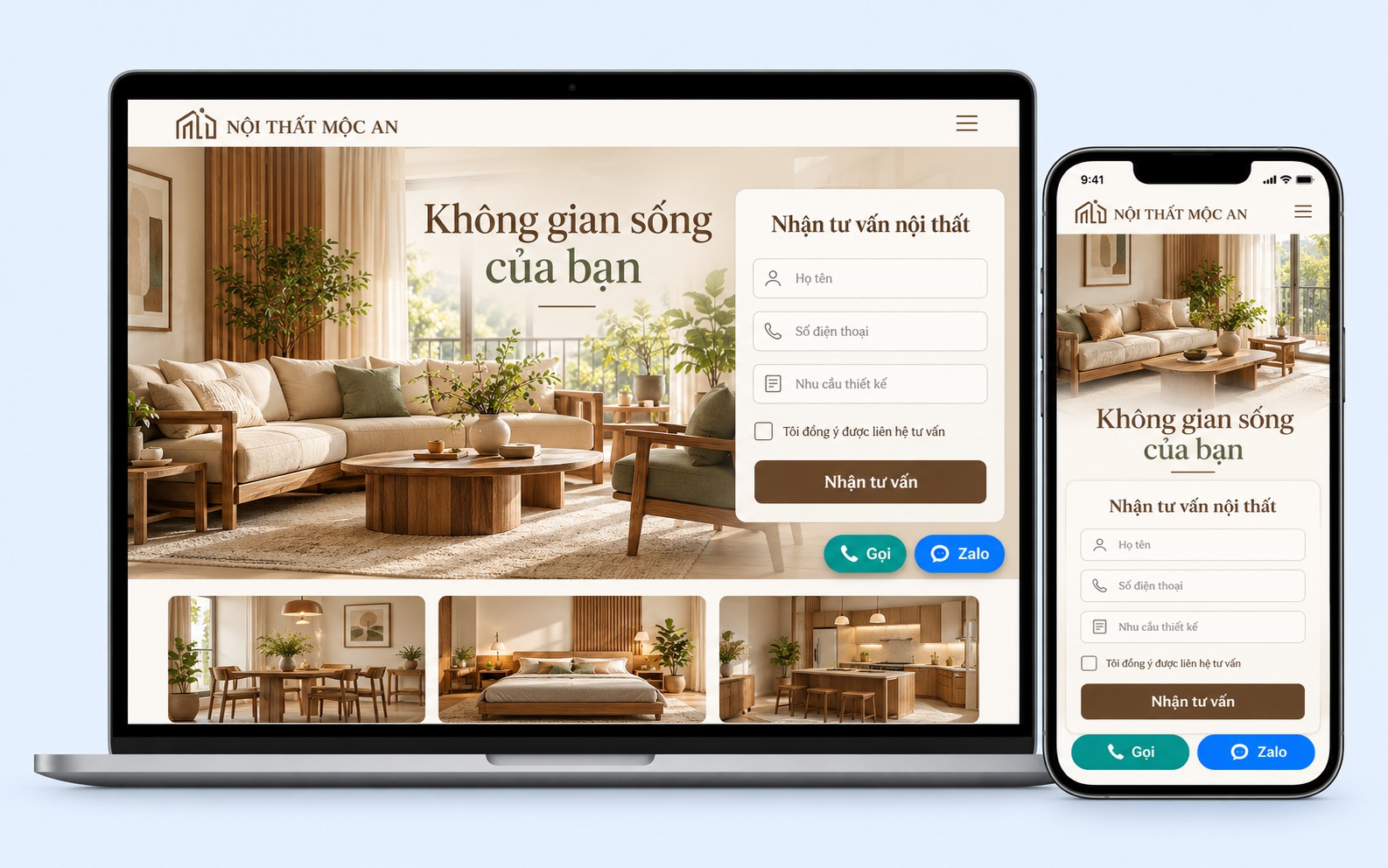 Mẫu landing page thu thông tin của một công ty nội thất (tên minh hoạ) trên laptop và điện thoại, có form Họ tên, Số điện thoại, Nhu cầu kèm ô đồng ý và nút Gọi, Zalo