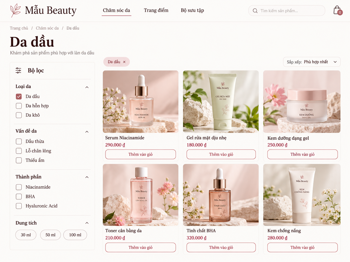 Trang danh mục Da dầu của shop mỹ phẩm mẫu: cột bộ lọc Loại da, Vấn đề da, Thành phần, Dung tích bên trái, lưới sáu sản phẩm chăm sóc da có giá và nút Thêm vào giỏ
