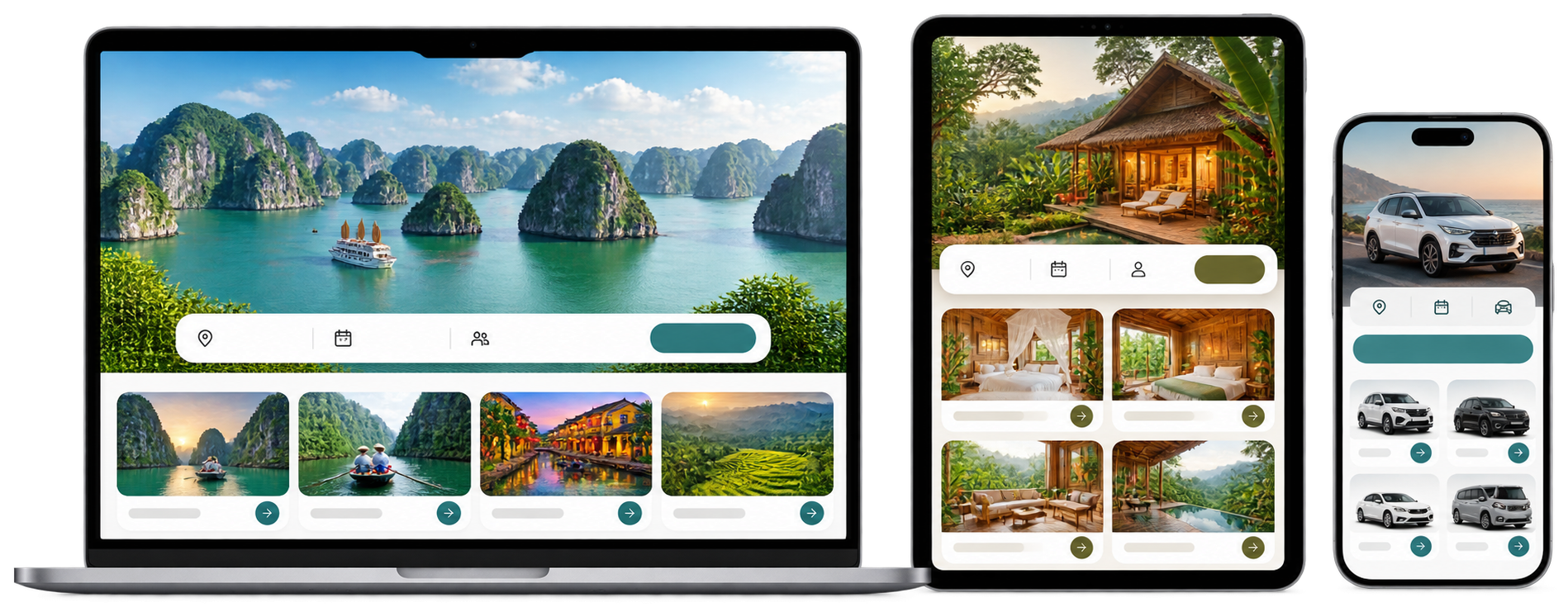Ba kiểu website du lịch trên laptop, máy tính bảng và điện thoại: trang tour ghép có ô tìm tour, trang homestay với các phòng, trang cho thuê xe với các loại xe